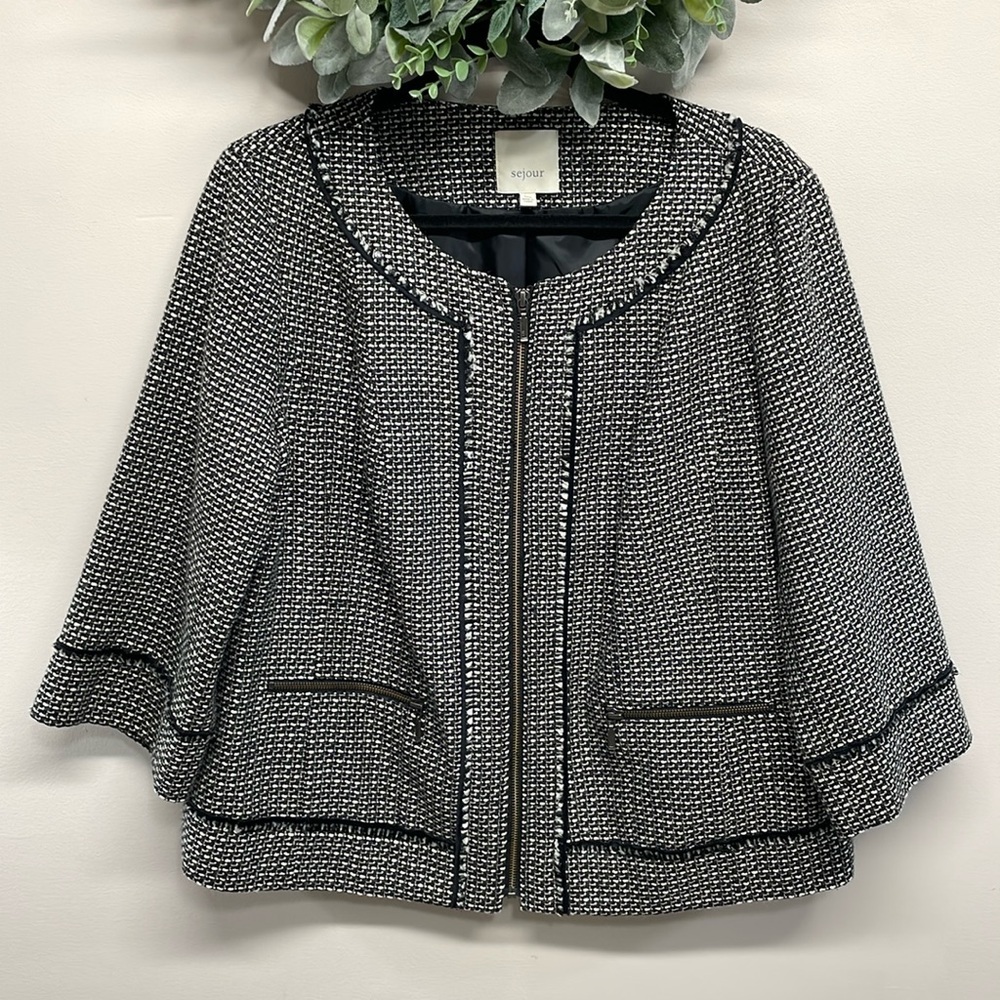 Sejour 3/4 Sleeve Zipper Front Tweed Jacket Blazer 14W